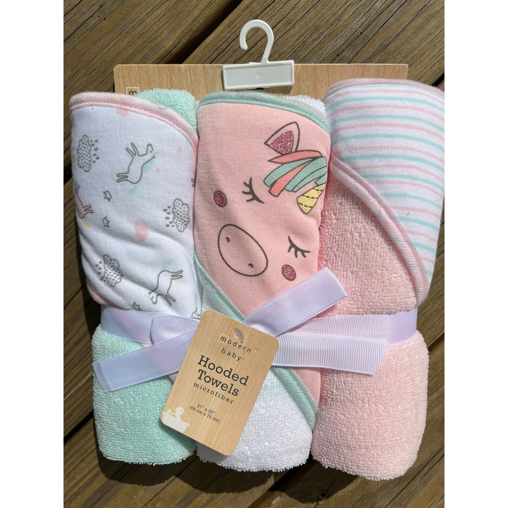 Modern Baby Set of 3 Hooded Towels Unicorn Stripes Absorbent Pink&Green Girl New